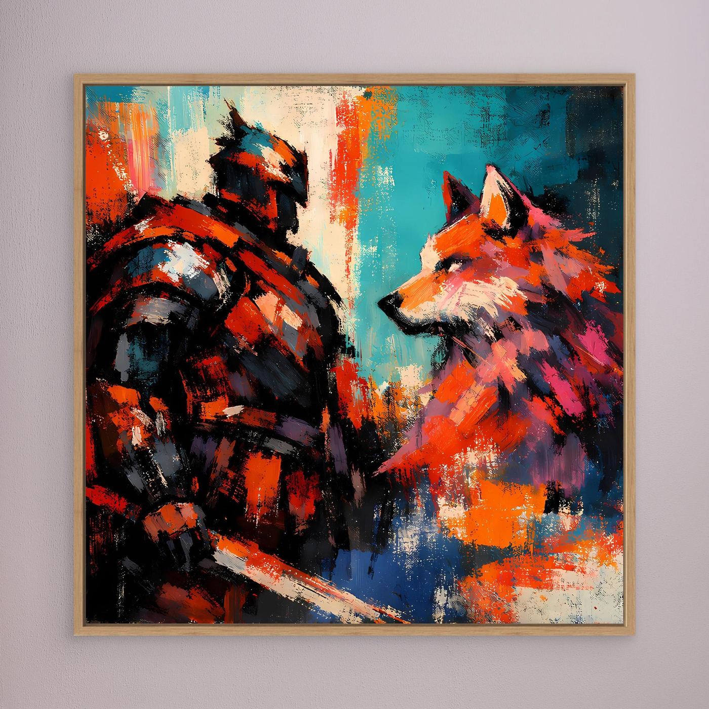 Abstraktes Leinwandbild mit Krieger und Wolf, brauner Holzrahmen
