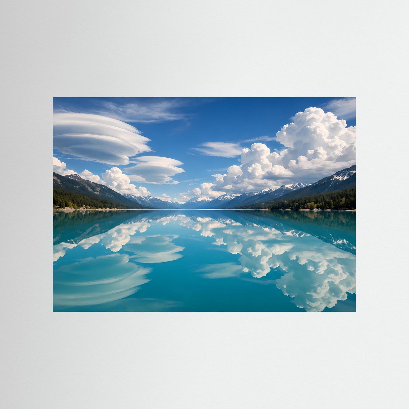 Wandposter mit Alpensee und Spiegelung unter Wolken, ohne sichtbaren Rahmen