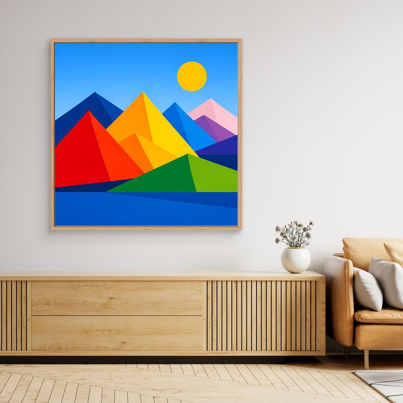 Quadratisches Leinwandbild mit geometrischer Berglandschaft und Sonne, mit Holzrahmen.