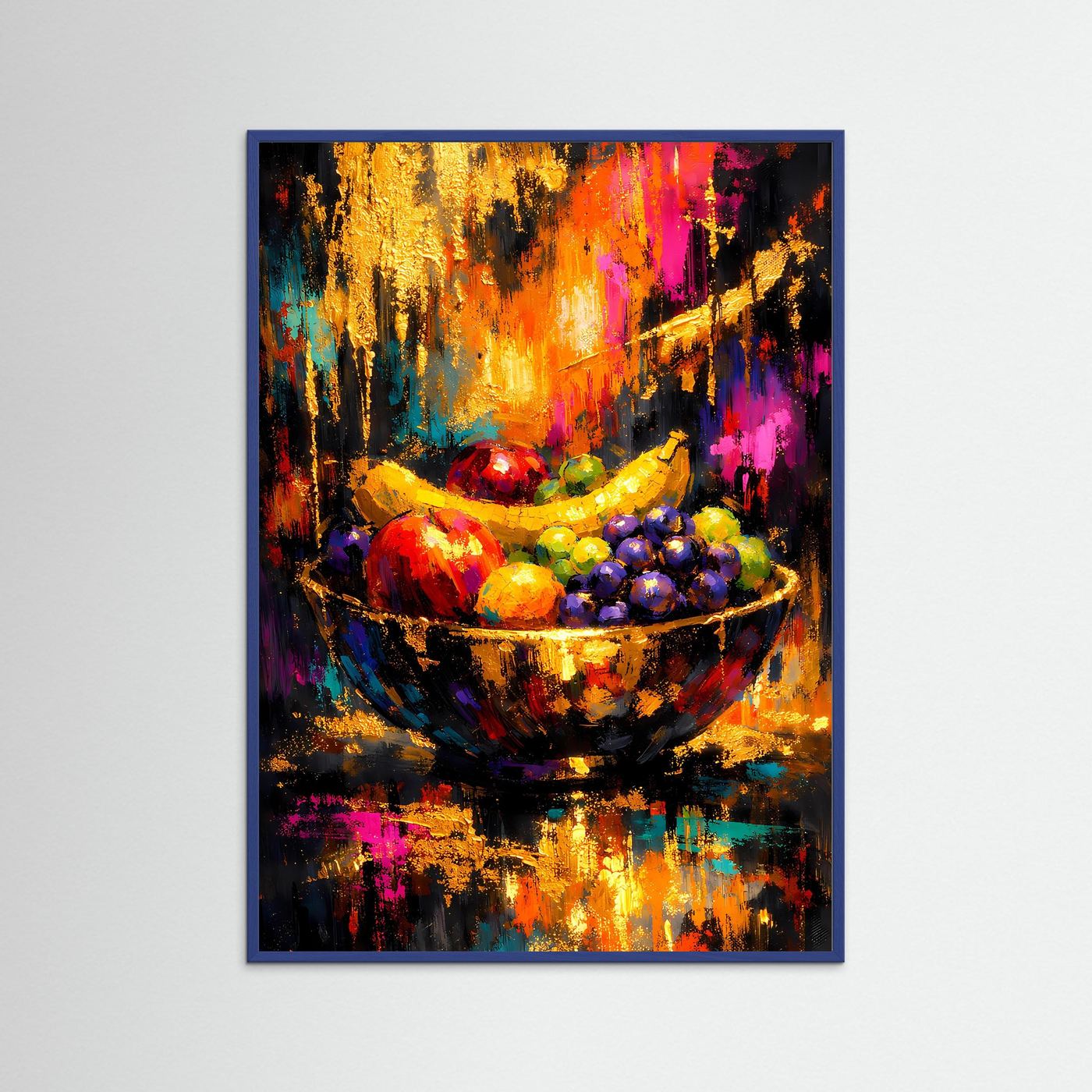 Abstraktes Stillleben-Poster: Obstschale mit bunten Früchten, blauer Rahmen