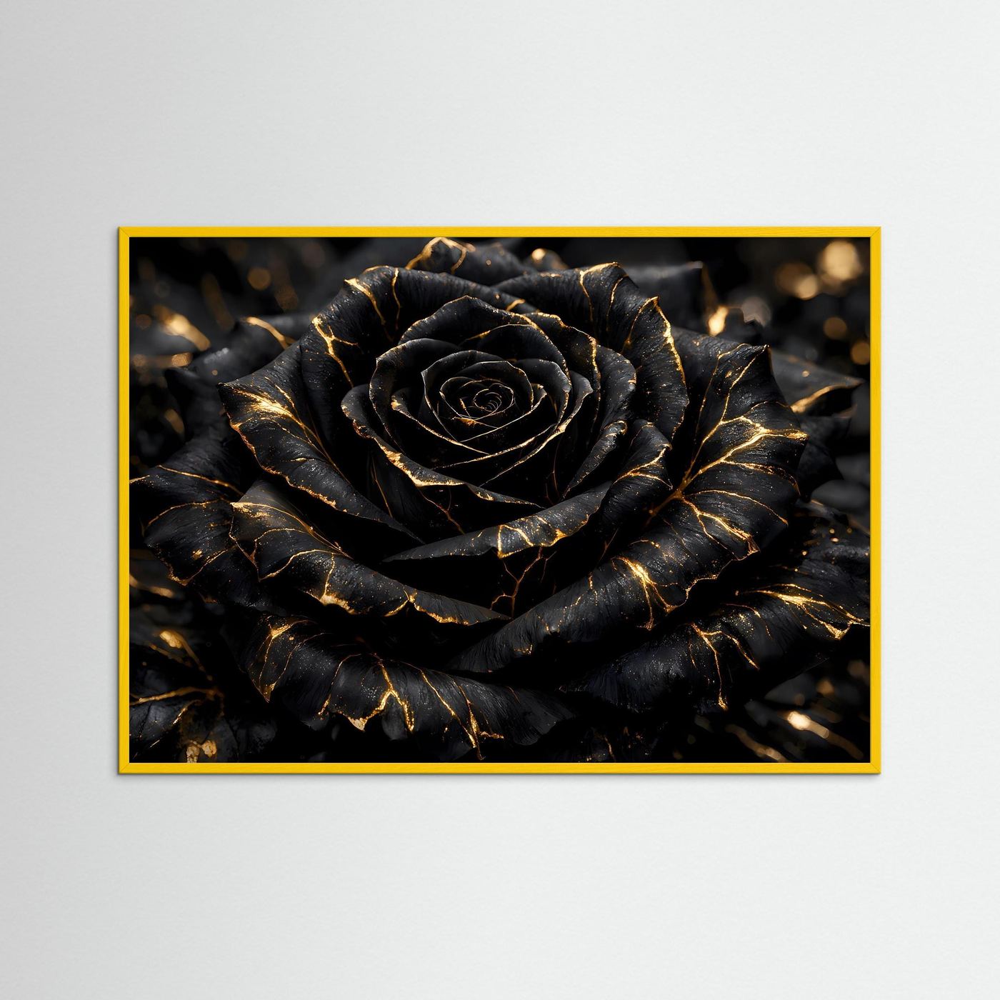 Wandbild mit schwarzer Rose und goldenen Adern im gelben Rahmen