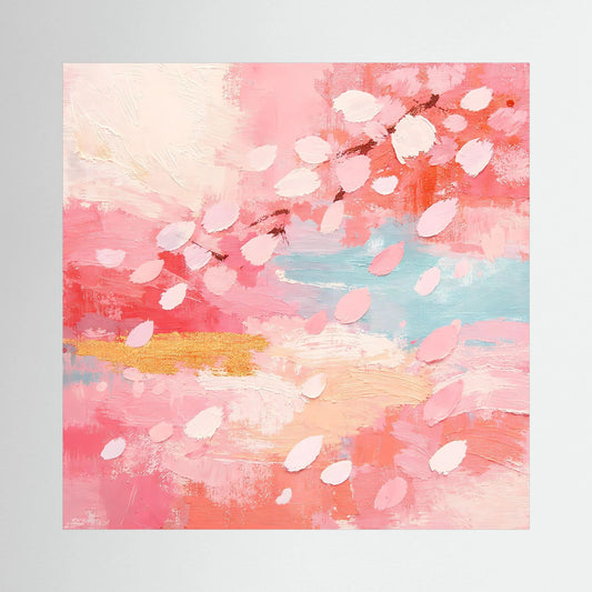 Quadratisches Leinwand-Wandbild mit abstrakten Kirschblüten in Pastellrosa und Hellblau