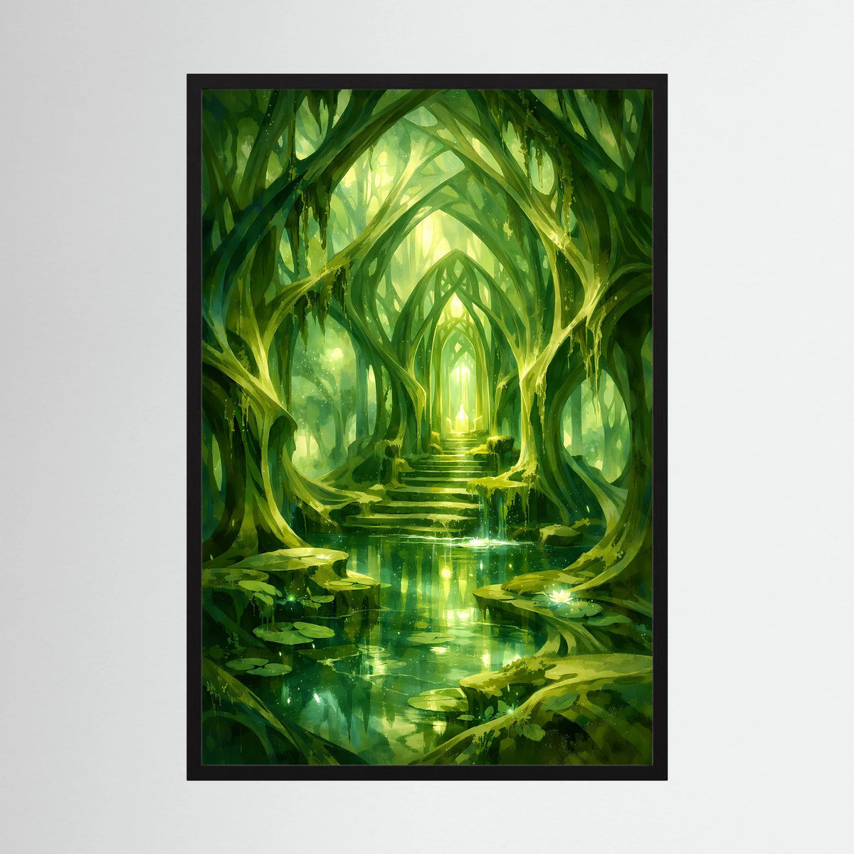 Kunstposter im schwarzen Rahmen mit grünem Waldtempel-Motiv und spiegelndem Lichtpfad