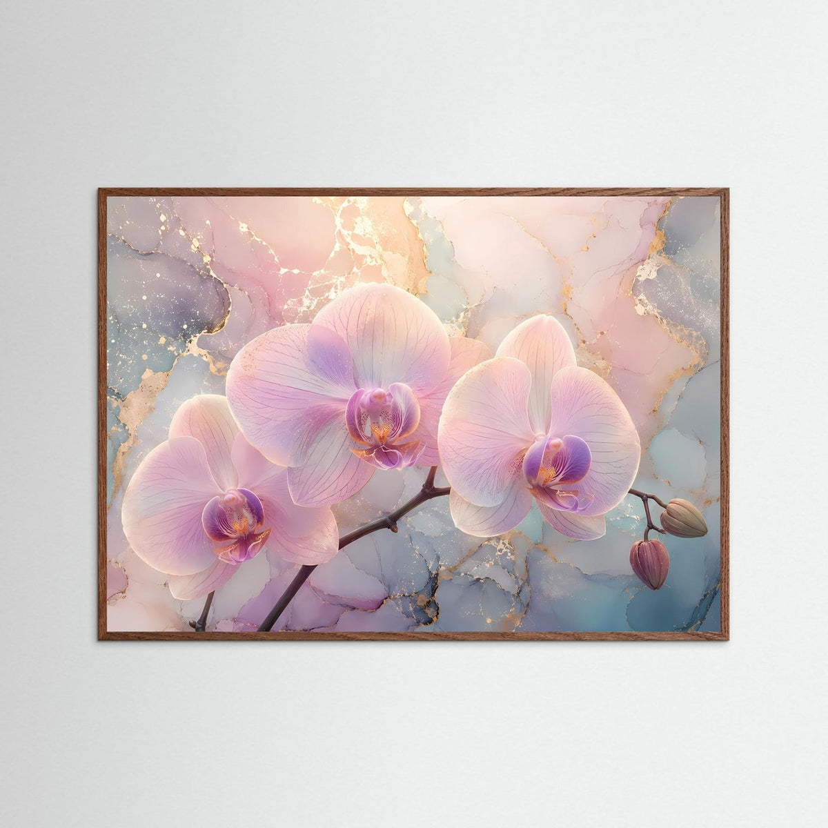 Phalaenopsis-Wandbild mit pastellfarbenen Orchideenblüten, dunkelbrauner Holzrahmen