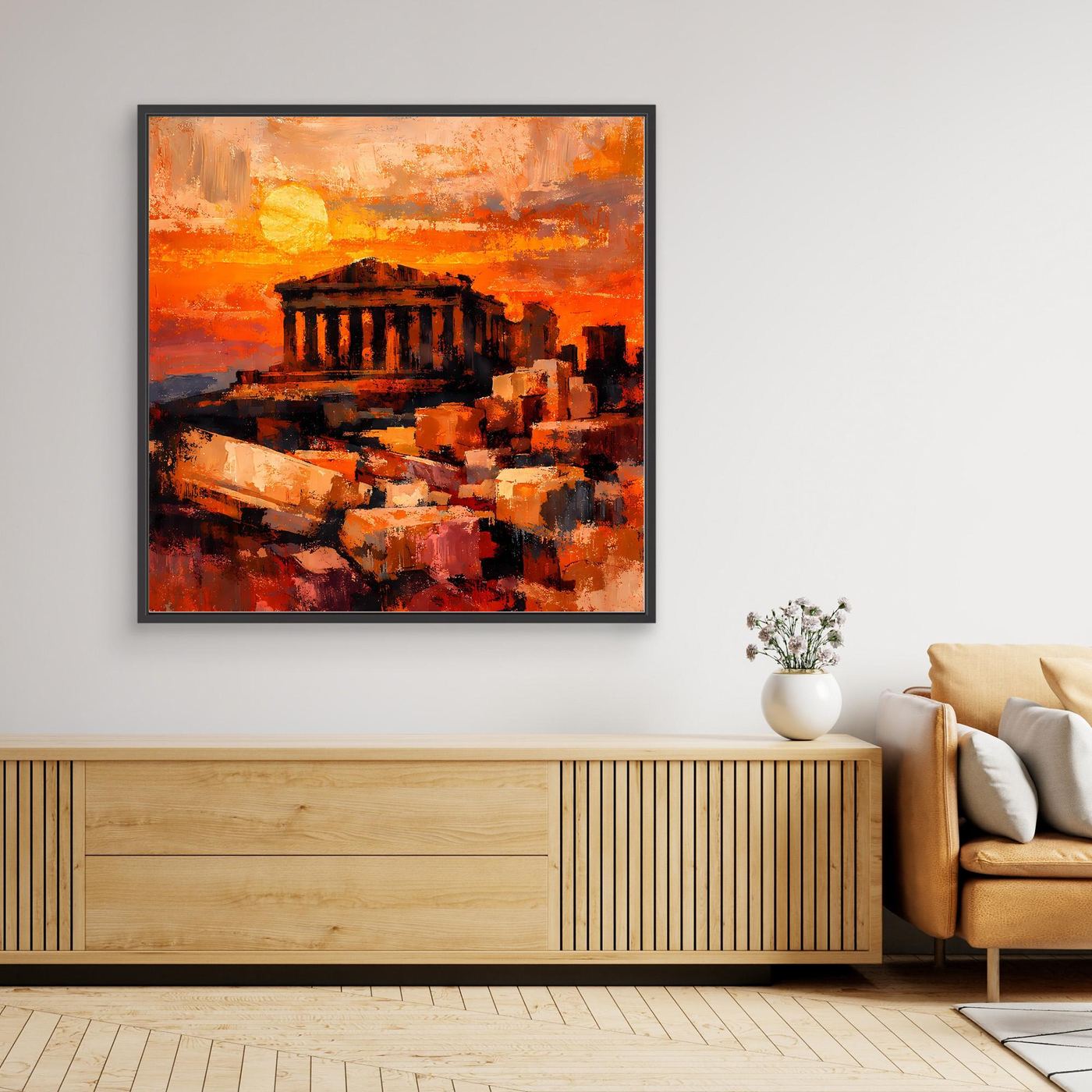 Gerahmtes Leinwandbild mit abstrakter Akropolis; orange-roter Sonnenuntergang, dunkler Rahmen
