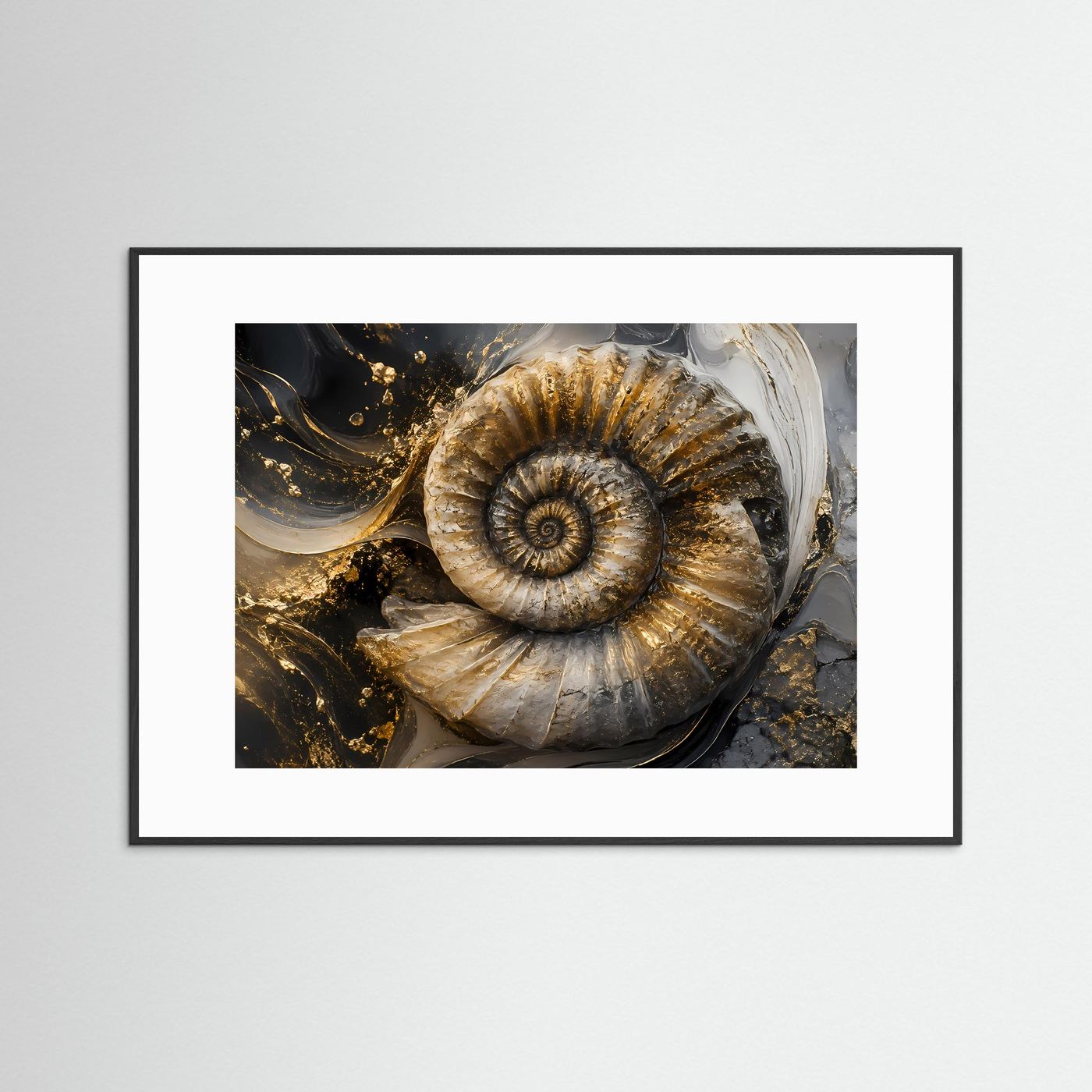 Ammonit Fossil Gold Schwarz | Luxuriöse Geologische Wandkunst | Abstraktes Natur Poster | Elegante Spiral Fossilie | Moderne Leinwand