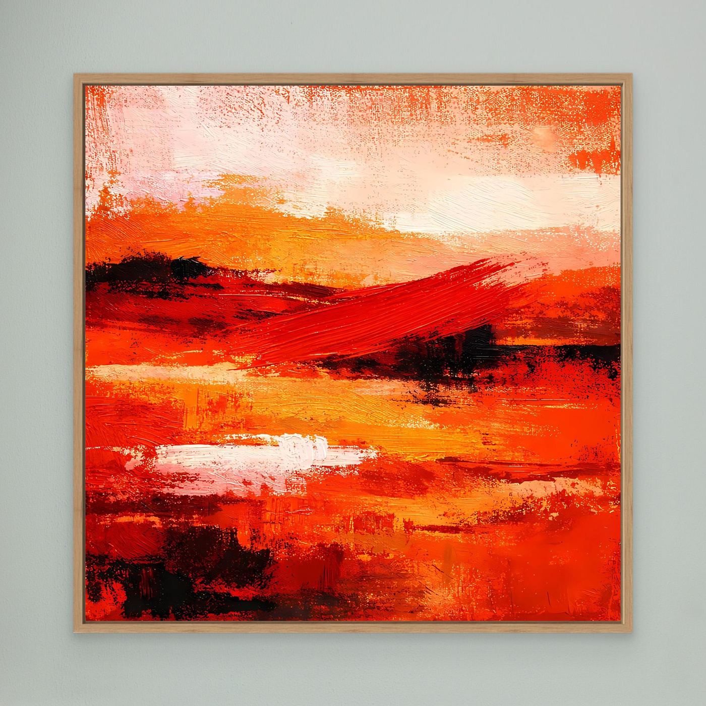 Abstraktes Leinwand-Wandbild mit roten und orangefarbenen Farbübergängen, Holzrahmen