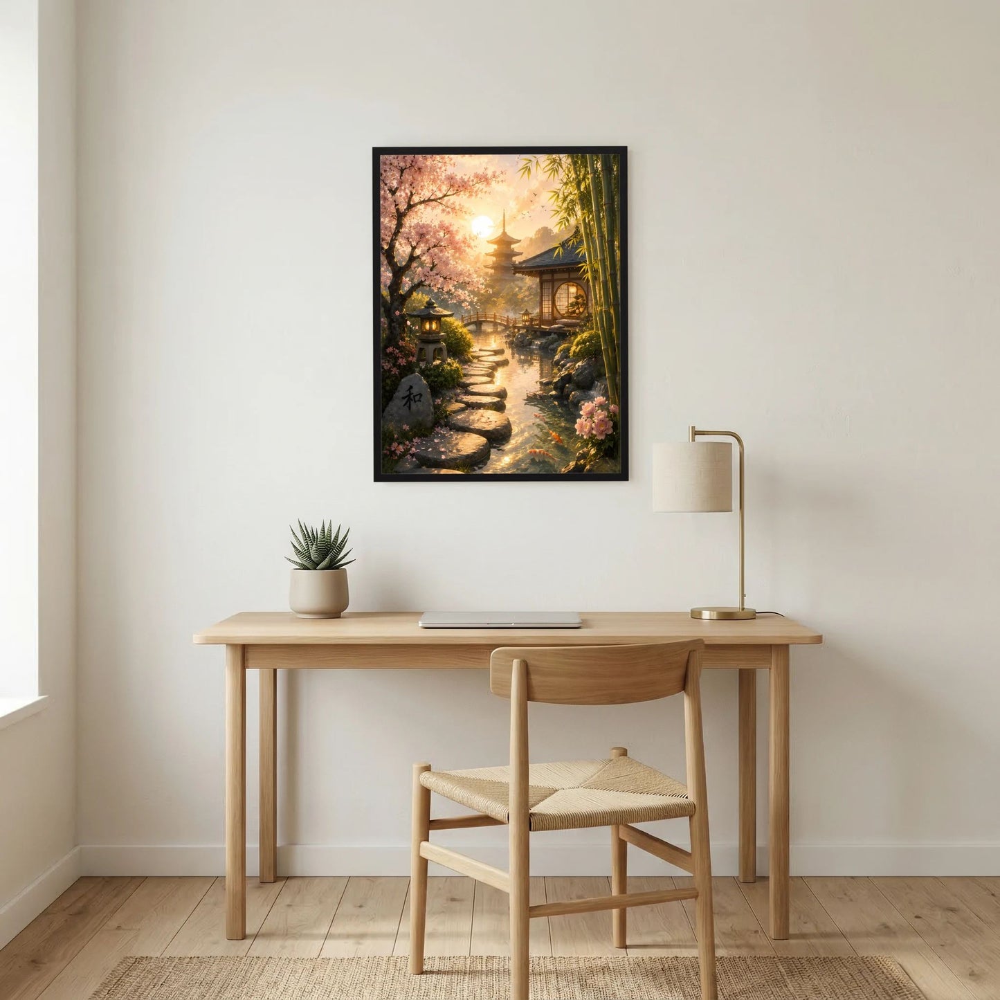 Hochformat-Poster mit Kirschblüten, Bambus, Gartenweg und Pagode, im schwarzen Rahmen