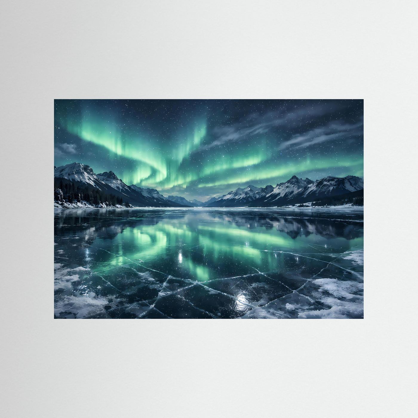 Magisches Nordlicht über dem Eissee | Panorama Aurora & Winter Poster Querformat