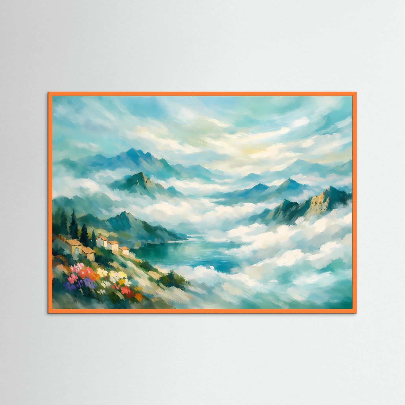 Wandbild Berglandschaft im Nebel, impressionistisch, mit orangefarbenem Rahmen