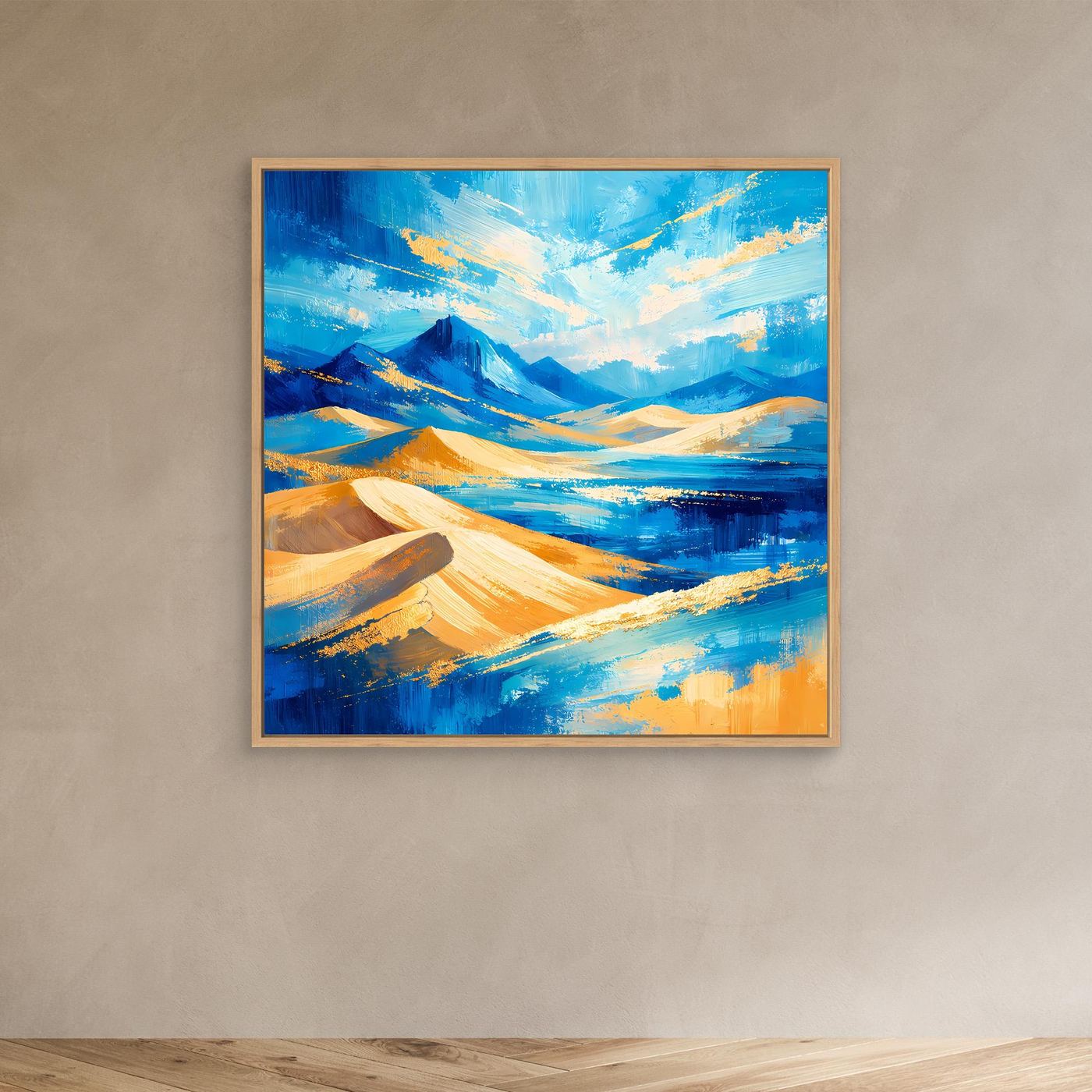 Leinwandbild abstrakte Berglandschaft mit Dünen, Blau-Gold-Gelb, Holzrahmen (Eiche)