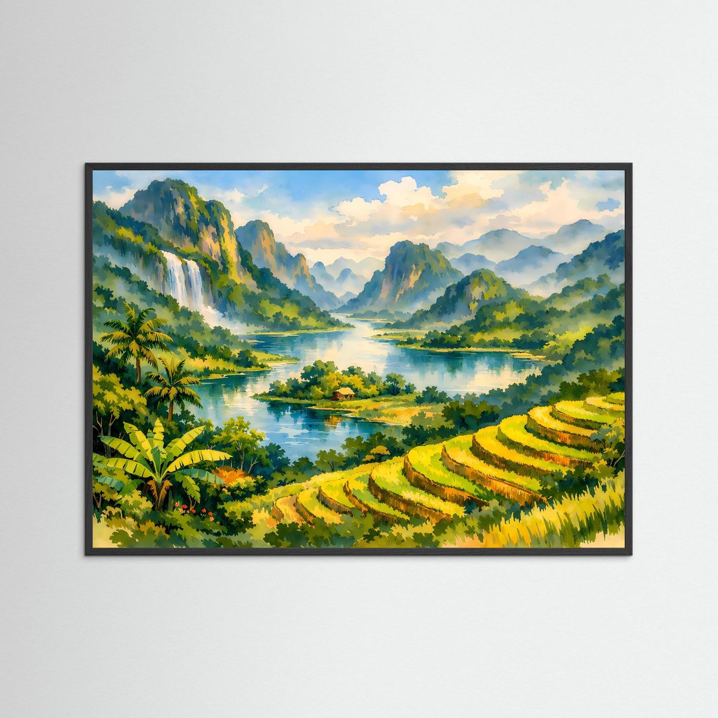 Tropisches Tal mit Reisterrassen und Fluss | Panorama Natur & Landschaft Poster Querformat