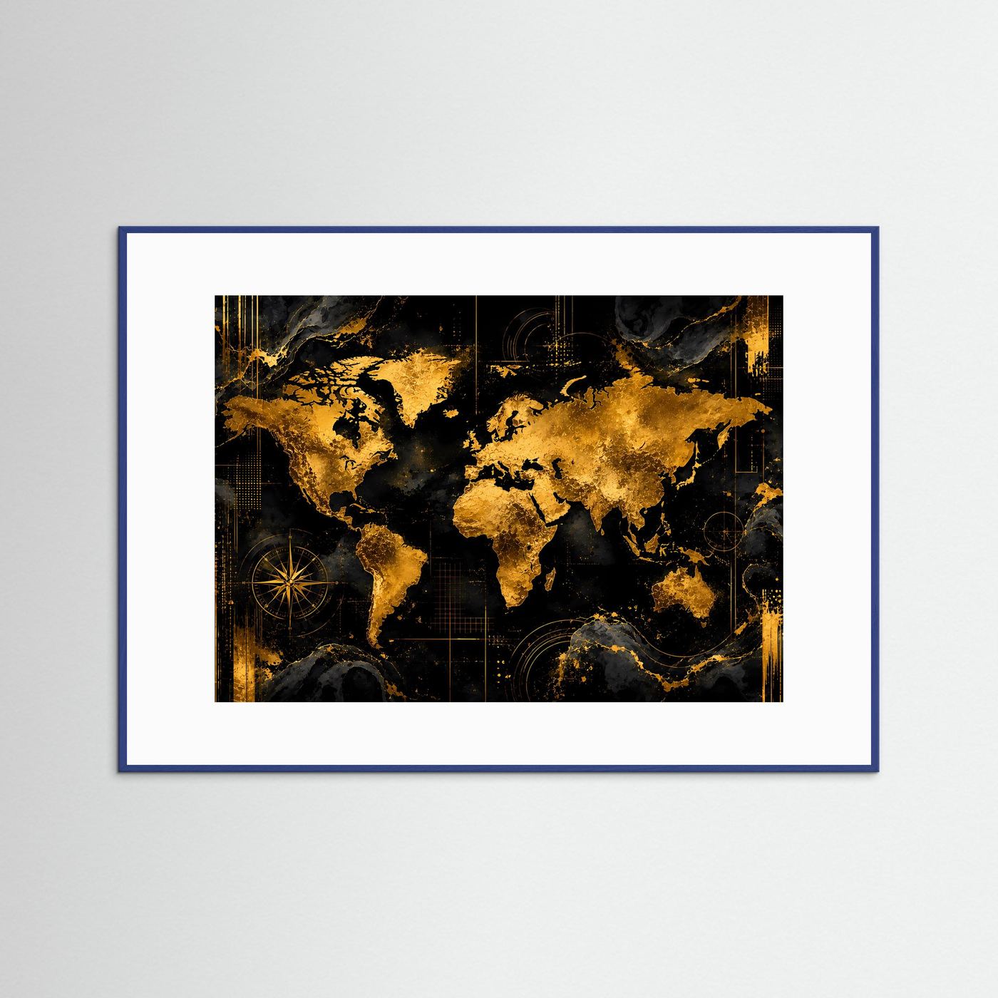 Weltkarte-Poster im blauen Rahmen, abstrakte Weltkarte in Schwarz und Gold, quer