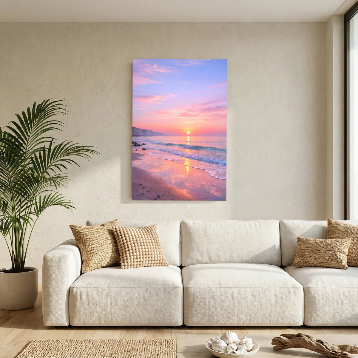 Hochformatiges Poster mit Sonnenaufgang am Meer, rosa Himmel und reflektierendem Ufer