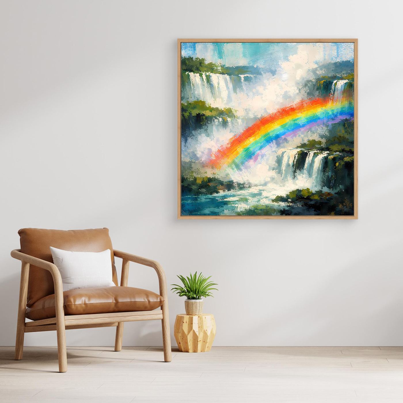 Wandbild mit abstraktem Wasserfall und Regenbogen, Leinwand mit Holzrahmen