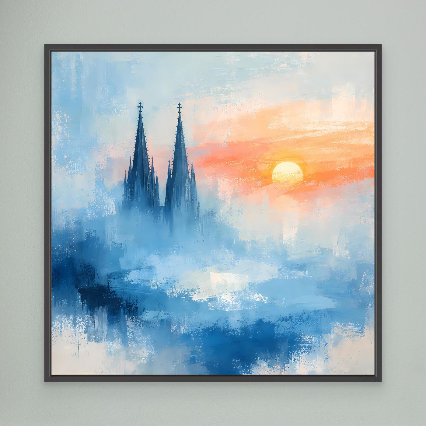 Kölner Dom Silhouette in Nebelblau | Moderne Abstrakte Leinwand mit Sonnenaufgang