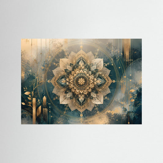 Querformat-Poster mit goldener Lotus-Mandala in Petrol, Beige und warmen Akzenten