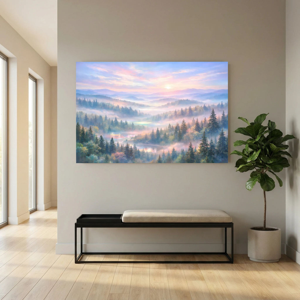 Poster im Querformat: Waldlandschaft mit Morgennebel und ruhigem Sonnenaufgang