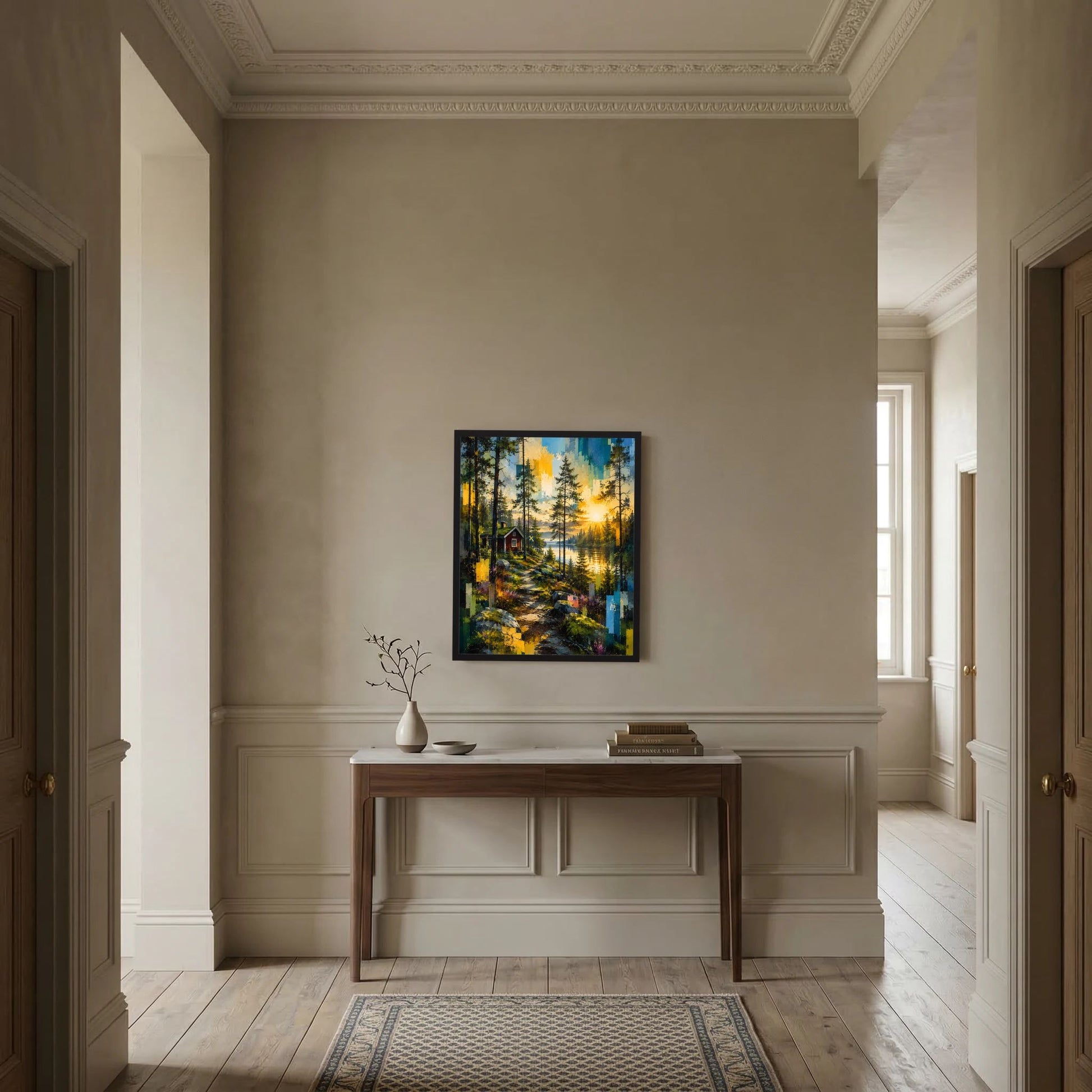 Gerahmtes Hochformat-Poster im Flur: Waldlandschaft am See, Abendsonne, rotes Haus