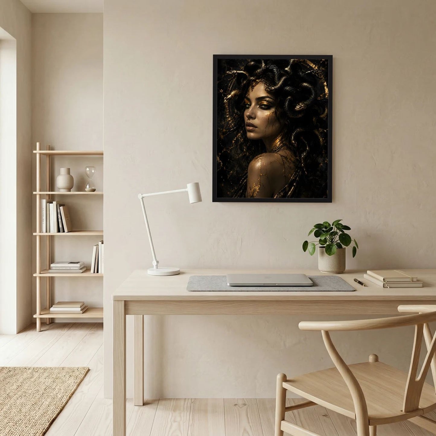 Medusa-Poster im schwarzen Rahmen mit Frau und goldenem Schlangenhaar, Schwarz-Gold