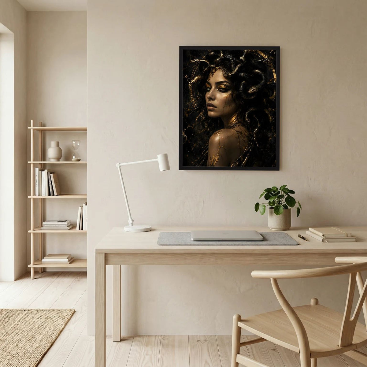 Medusa-Poster im schwarzen Rahmen mit Frau und goldenem Schlangenhaar, Schwarz-Gold
