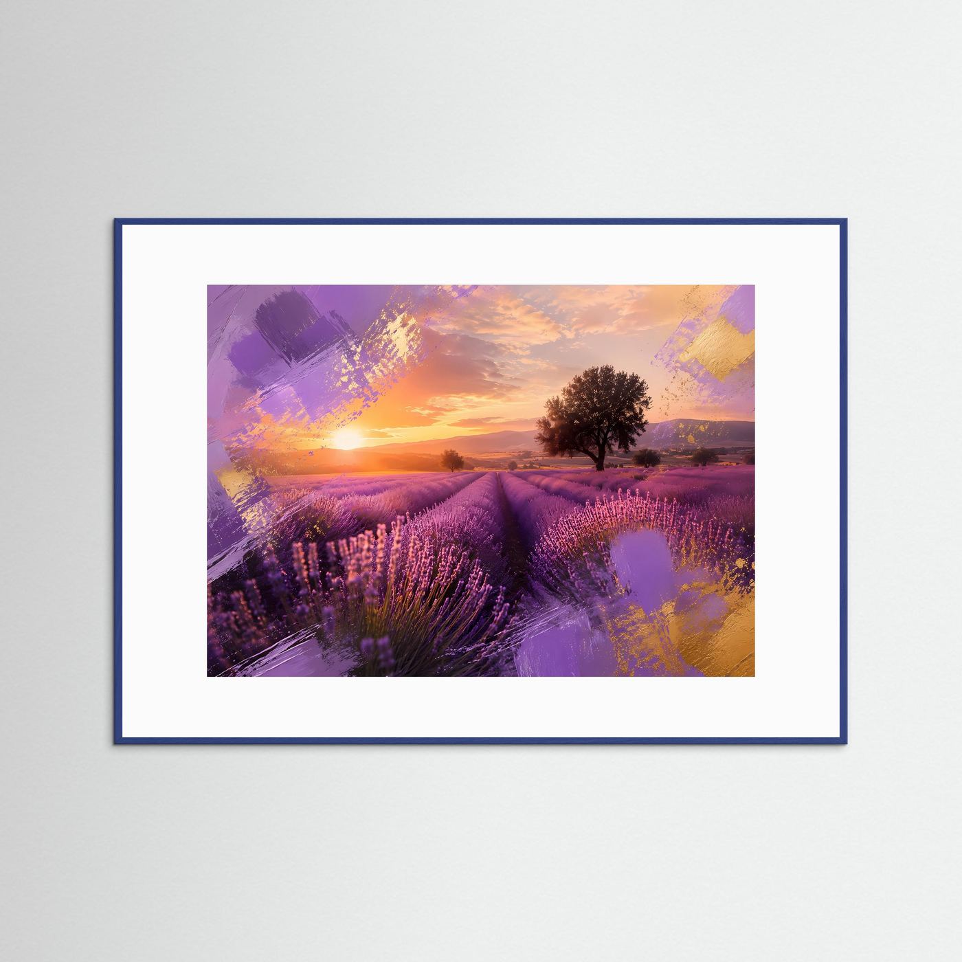 Lavendelfeld Poster Querformat | Provence Sonnenuntergang Wandbild in Violett & Gold | Moderne Landschaftskunst