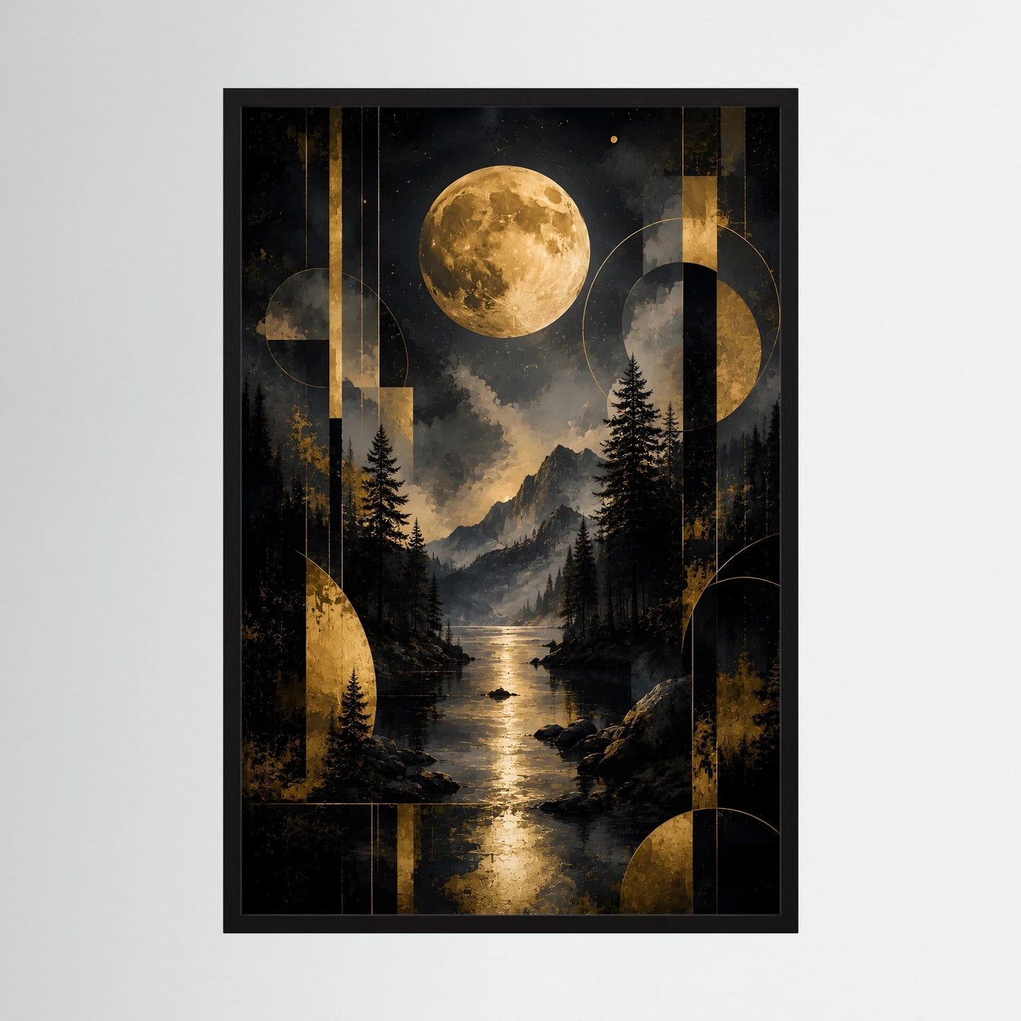 Hochformatiges Poster mit goldener Vollmond-Landschaft, Bergen, Tannen und Fluss im abstrakten Stil