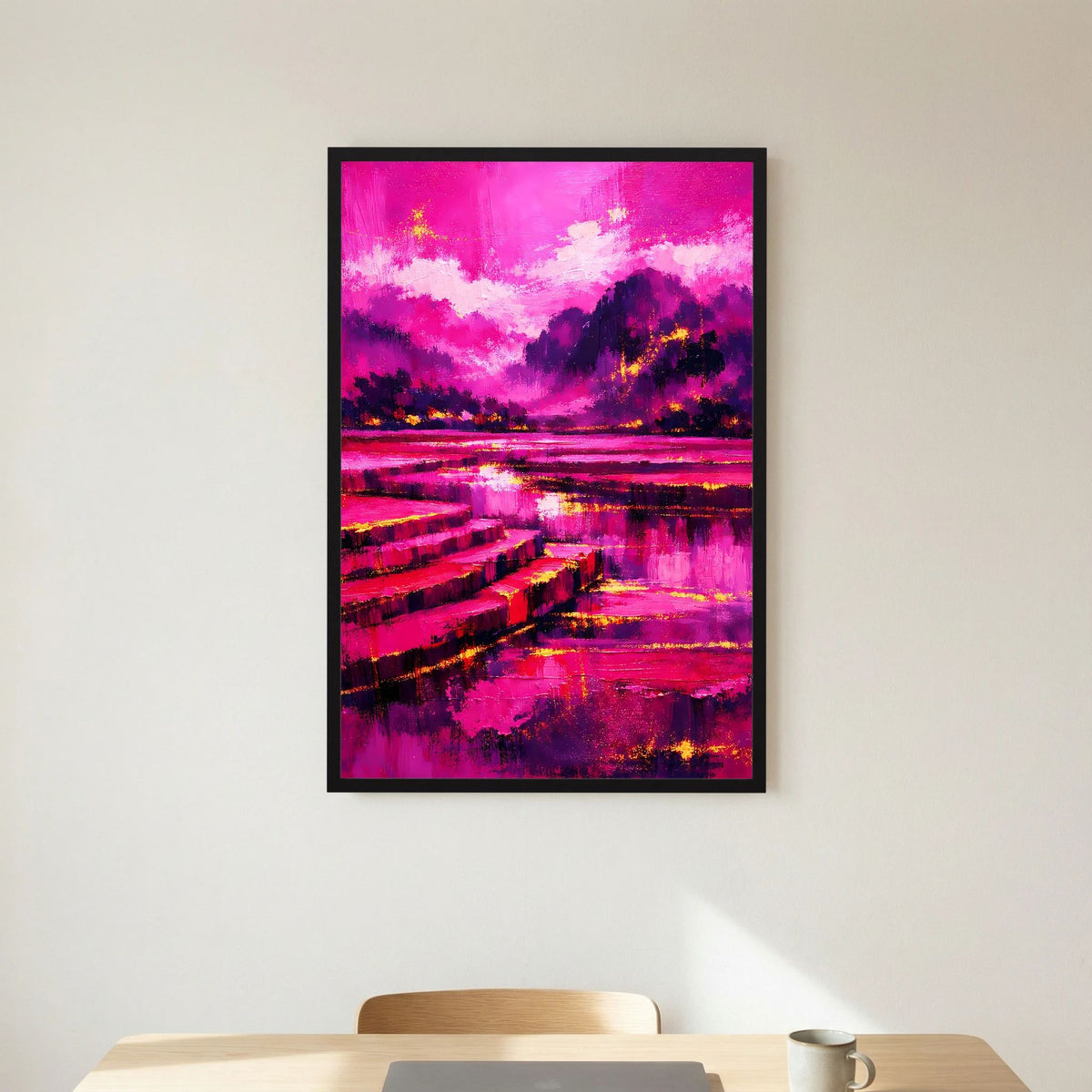 Hochformat-Poster mit Pink-Magenta-Landschaft, lila Himmelwolken und Wasserfläche im dunklen Rahmen.