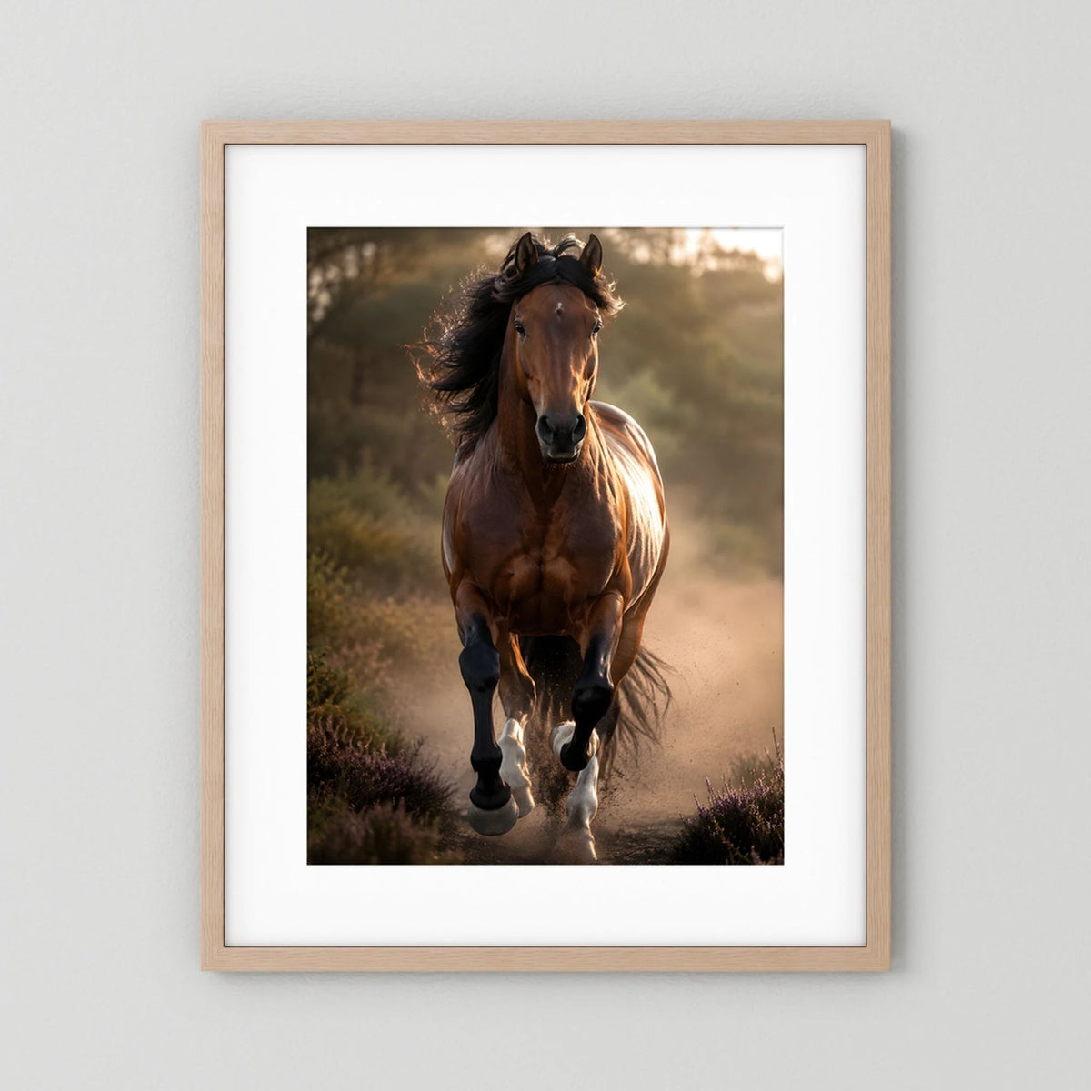 Hochformatiges Kunstposter: brauner Hengst im Galopp, naturfarbener Rahmen