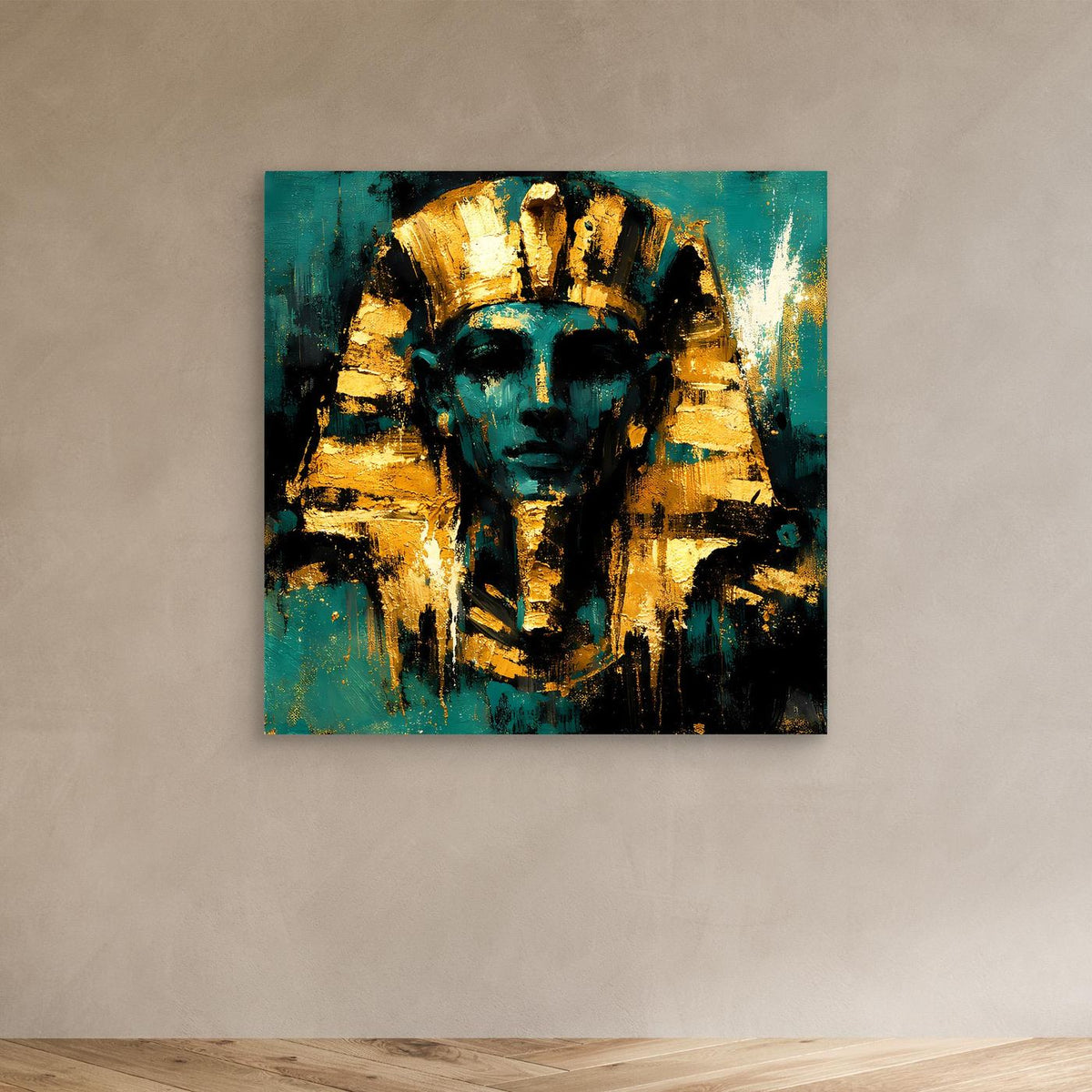 Leinwand-Wandbild mit Pharao in Türkis und Gold, ohne Rahmen