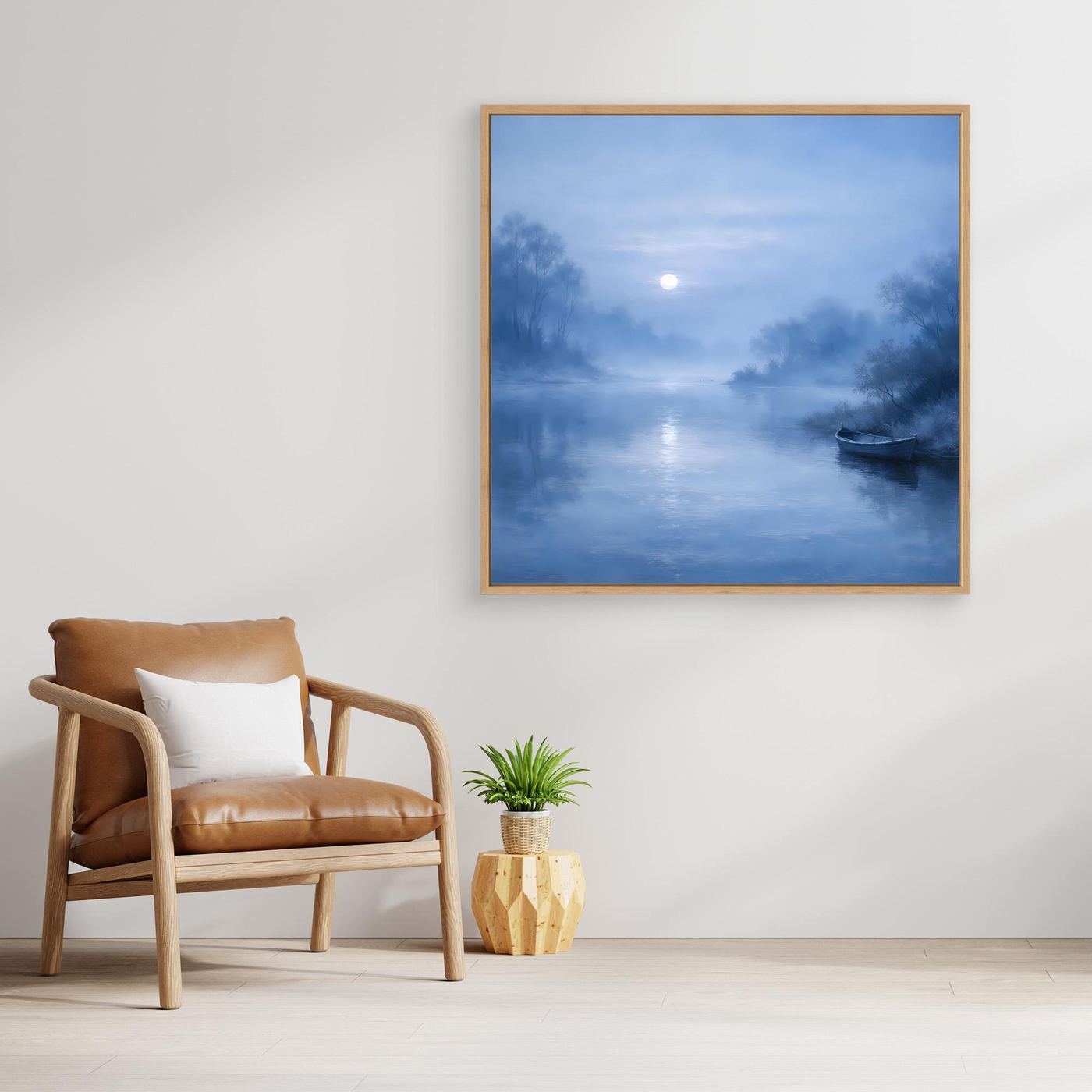 Quadratisches Leinwandbild mit Holzrahmen: blauer Fluss im Mondlicht, Nebel, Boot