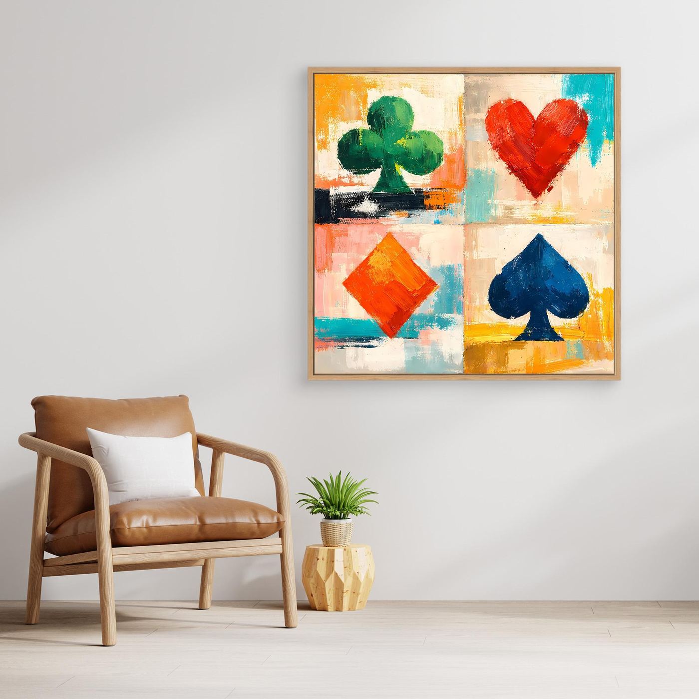 Leinwand-Wandbild mit Spielkarten-Symbolen in kräftigen Farben: Rot, Blau, Grün, Gelb