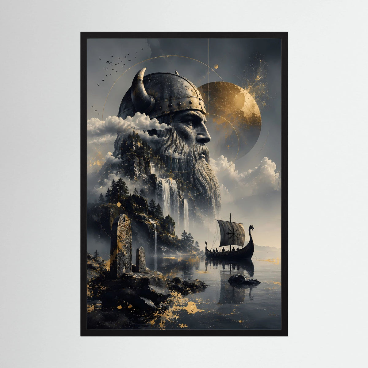 Hochformatiges Poster im schwarzen Rahmen: Wikingerkriegerkopf, Wasserfall und Langschiff