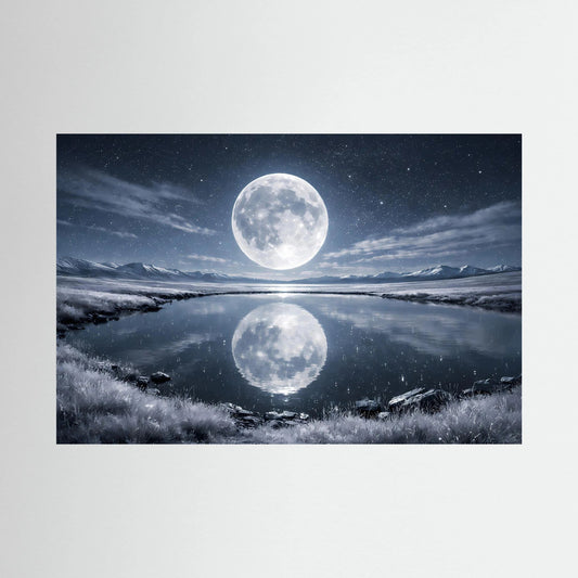 Wandbild (Querformat) mit Vollmond und Spiegelung im Bergsee unter sternklarem Nachthimmel