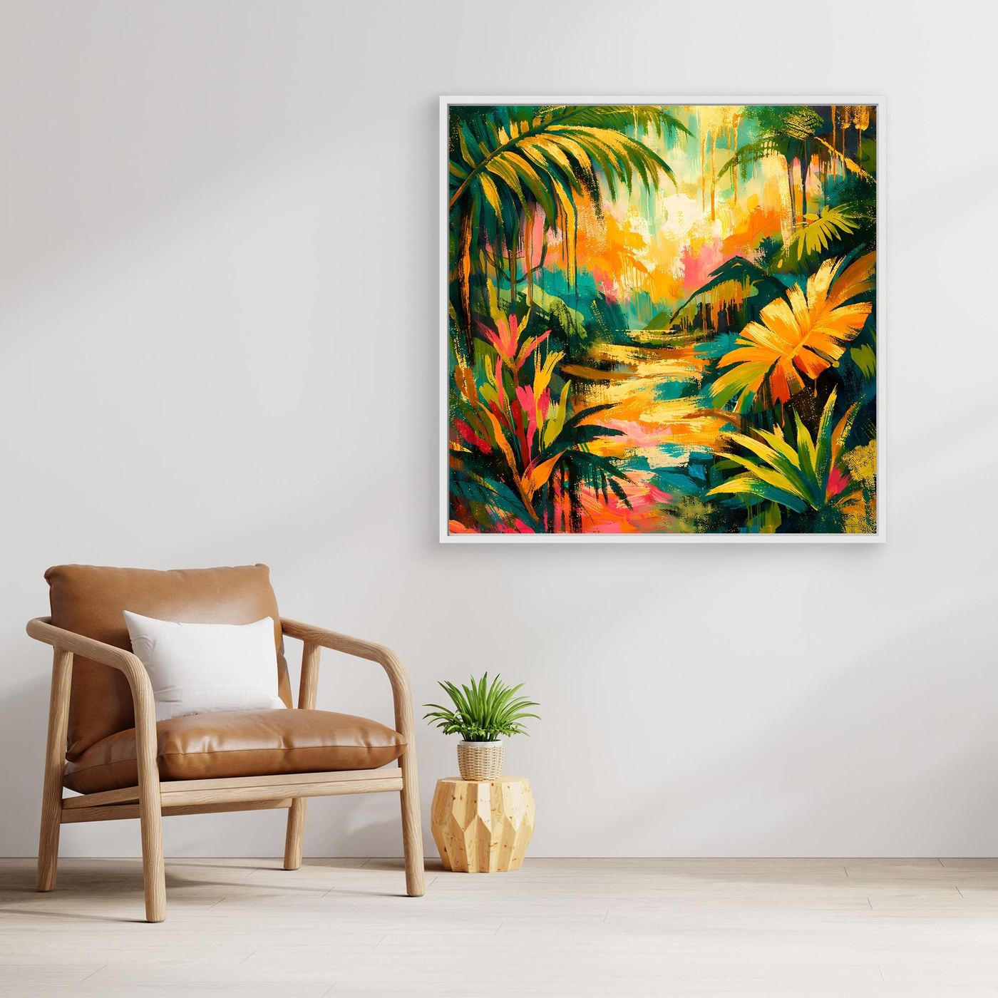 Leinwandbild mit tropischem Dschungelmotiv, heller Rahmen, abstrakte Farben in Grün und Orange