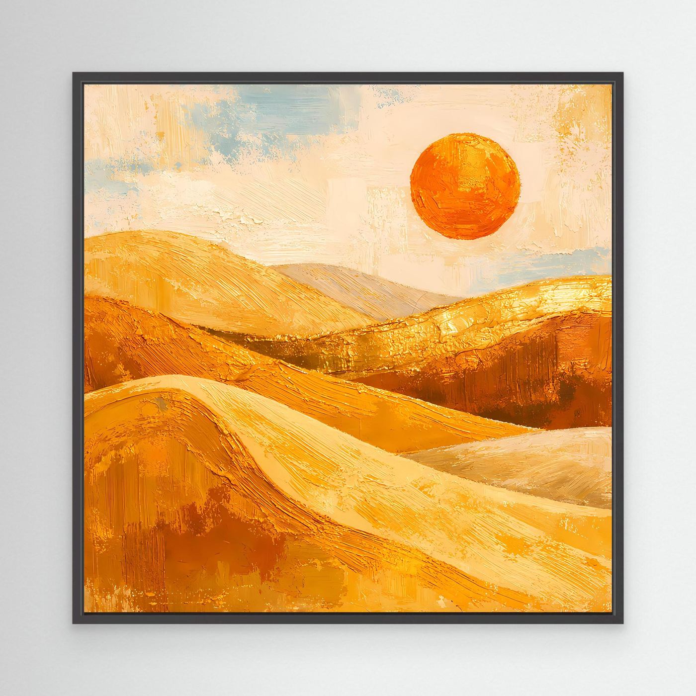 Abstraktes Leinwand-Wandbild mit schwarzem Rahmen: goldene Dünenlandschaft und orangefarbene Sonne