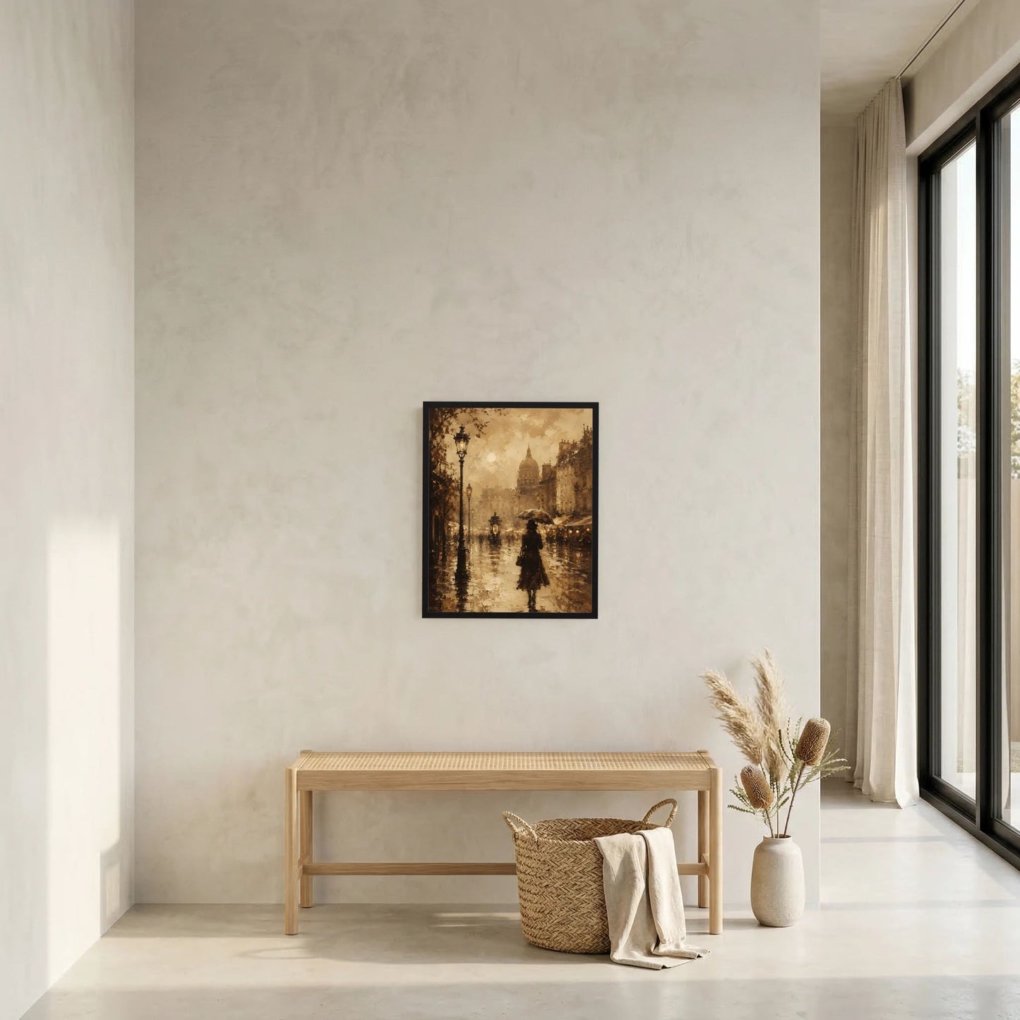 Kleines sepia Poster im schwarzen Rahmen an der Wand