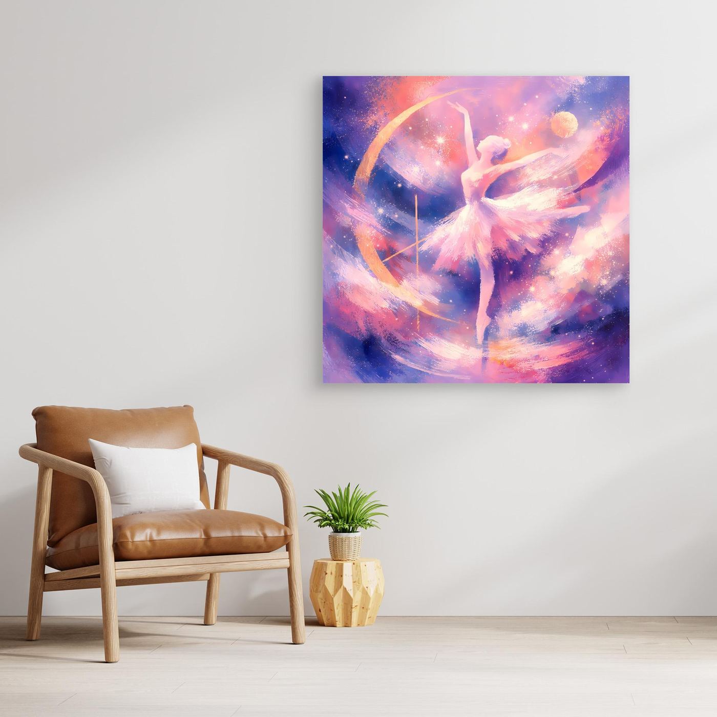 Leinwandbild mit tanzender Ballerina in pastellfarbenem Sternenhimmel