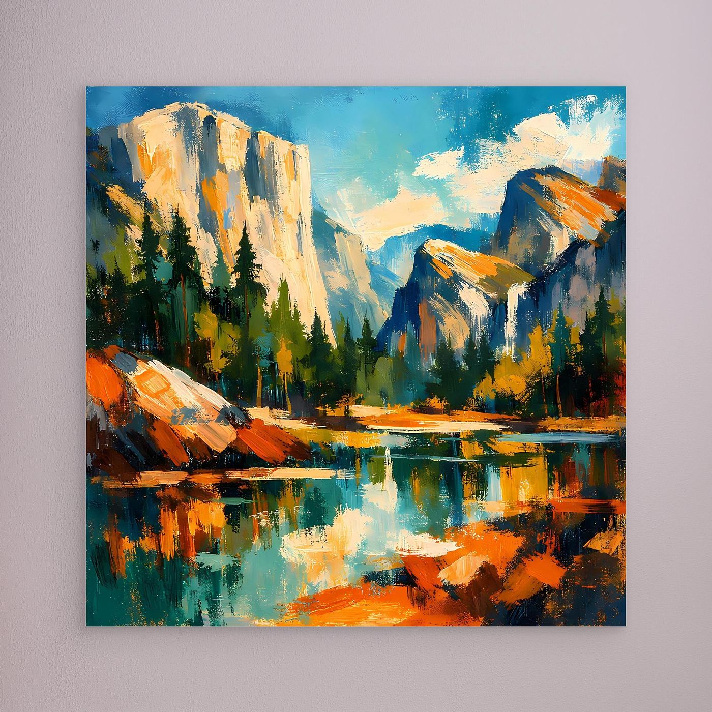 Wandbild auf Leinwand mit abstrakter Berglandschaft und spiegelndem Fluss, ohne Rahmen