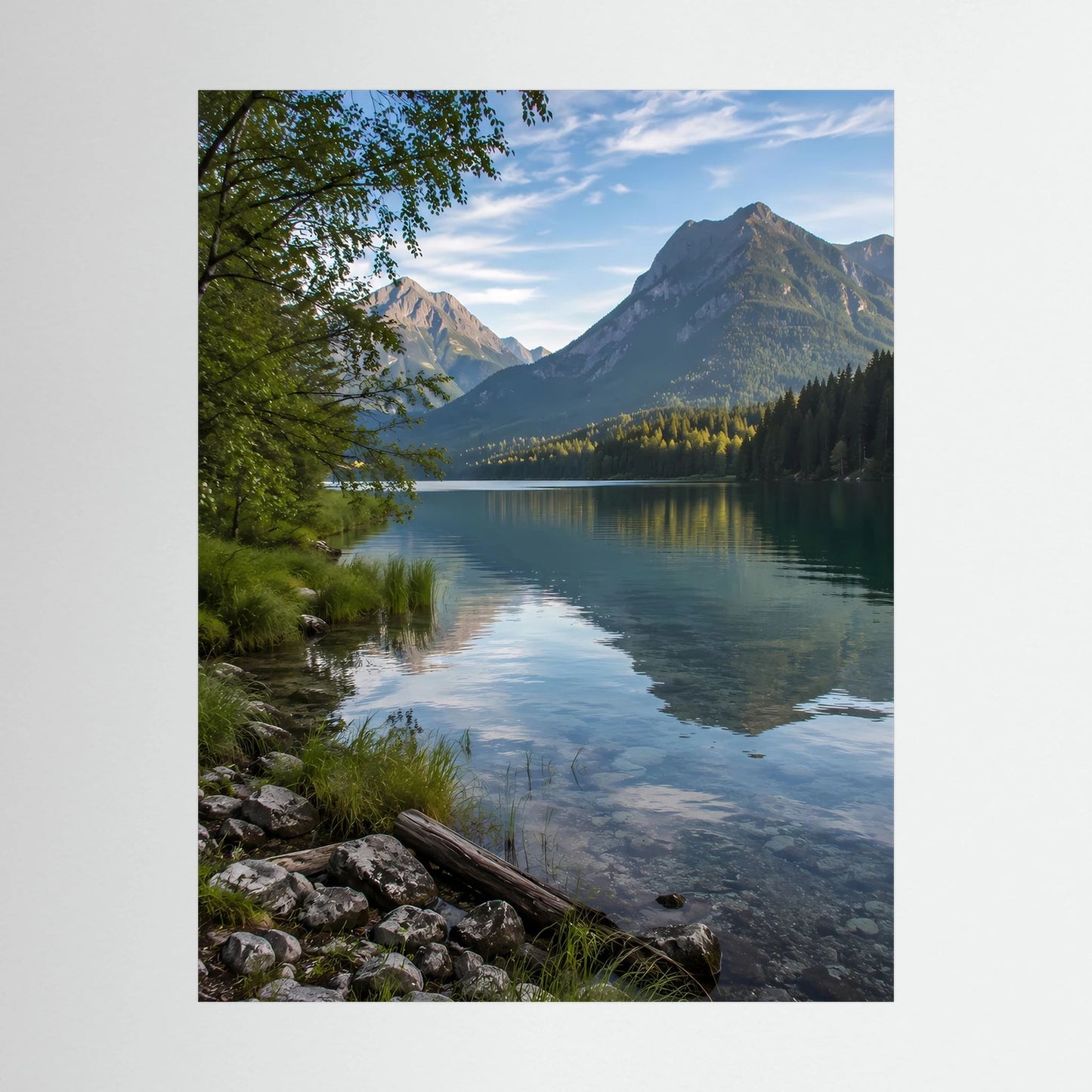 Poster im Hochformat mit Bergsee, reflektierendem Wasser, Felsufer und Berggipfeln