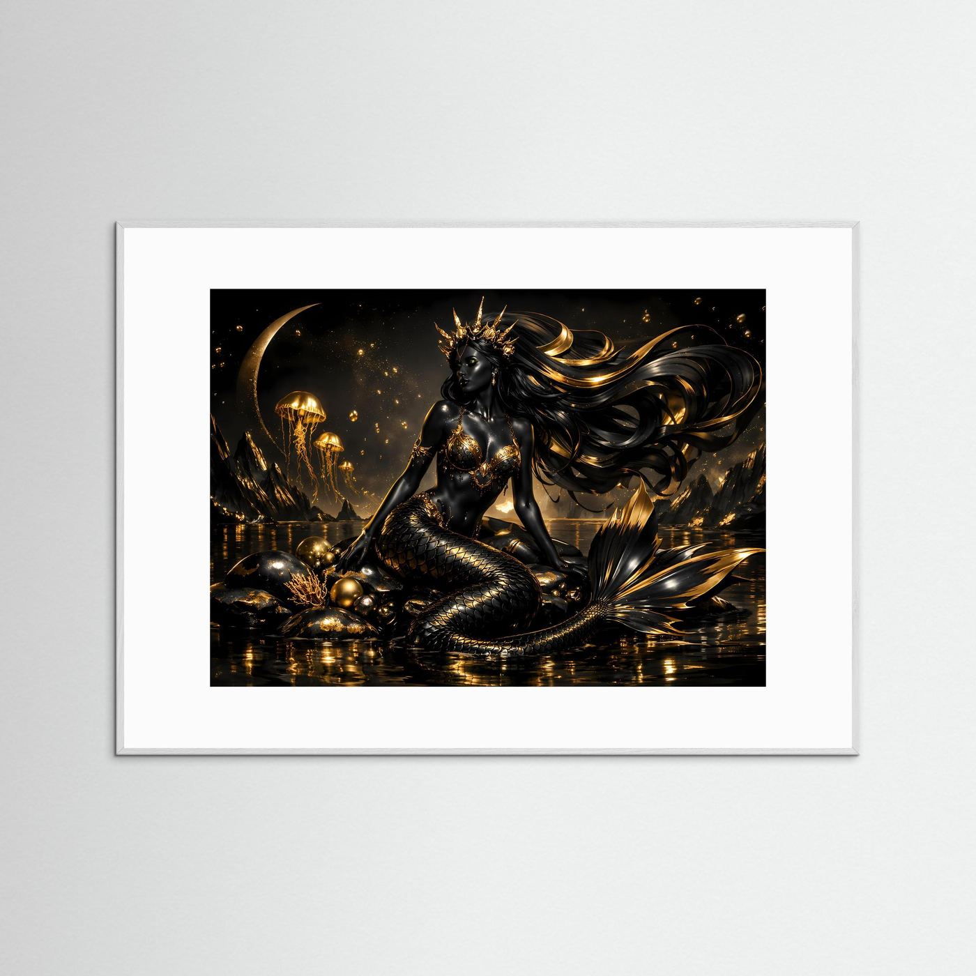Schwarze Meerjungfrau mit Goldkrone & Quallen | Mystisches Wandbild Querformat