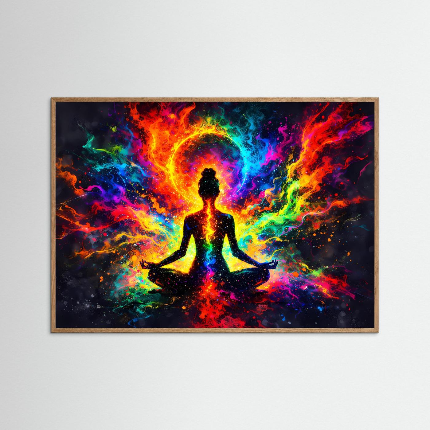 Yoga-Poster mit Meditationsfigur und farbiger Aura, brauner Holzrahmen