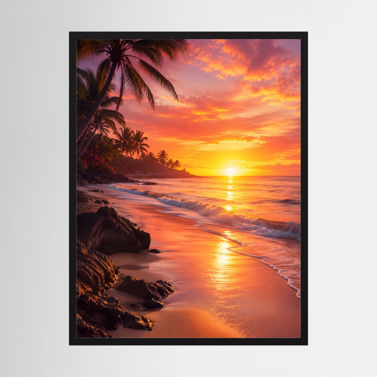 Poster Hochformat mit schwarzem Rahmen: tropischer Strand bei Sonnenuntergang, Palmen