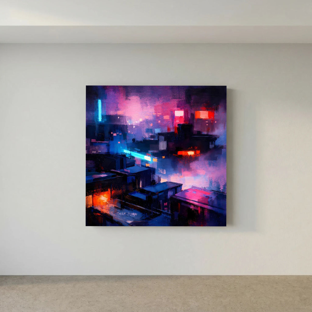 Quadratisches Leinwand-Wandbild mit Neon-Stadt bei Nacht in Blau-, Pink- und Orangetönen
