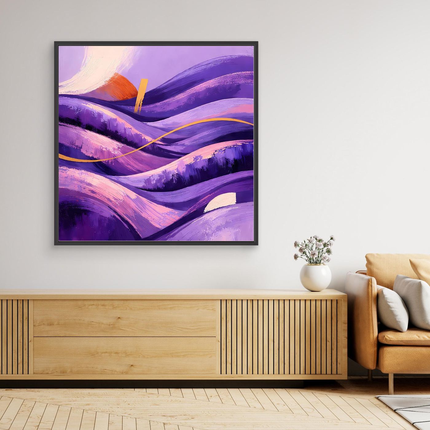 Leinwandbild Abstraktes Wellental in Violett und Gold mit schwarzem Rahmen