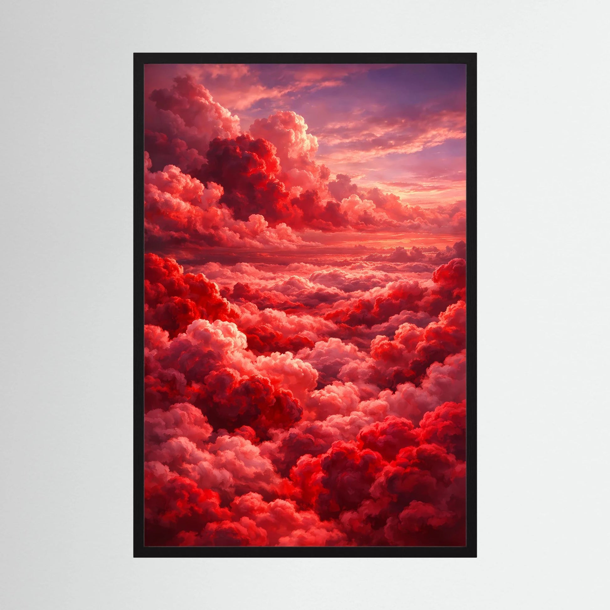 Kunstposter im Hochformat mit schwarzem Rahmen, rote Wolken und rosaroter Himmelsszene
