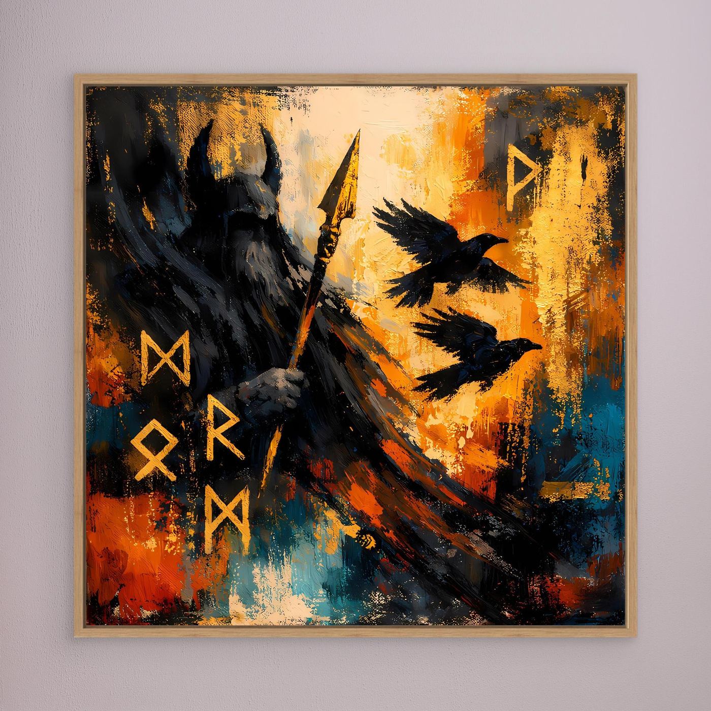 Abstraktes Wandbild: Odin-Silhouette mit Speer und Runen, holzfarbener Rahmen
