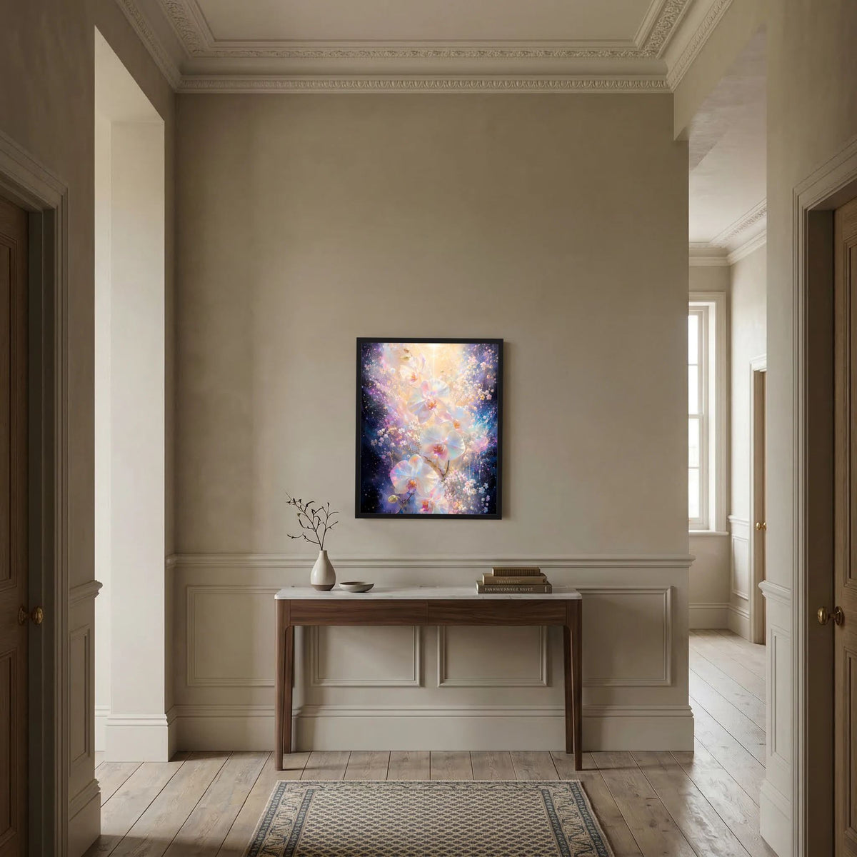 Gerahmtes Hochformat-Poster mit leuchtendem Orchideen-Motiv in Pastell und Gold