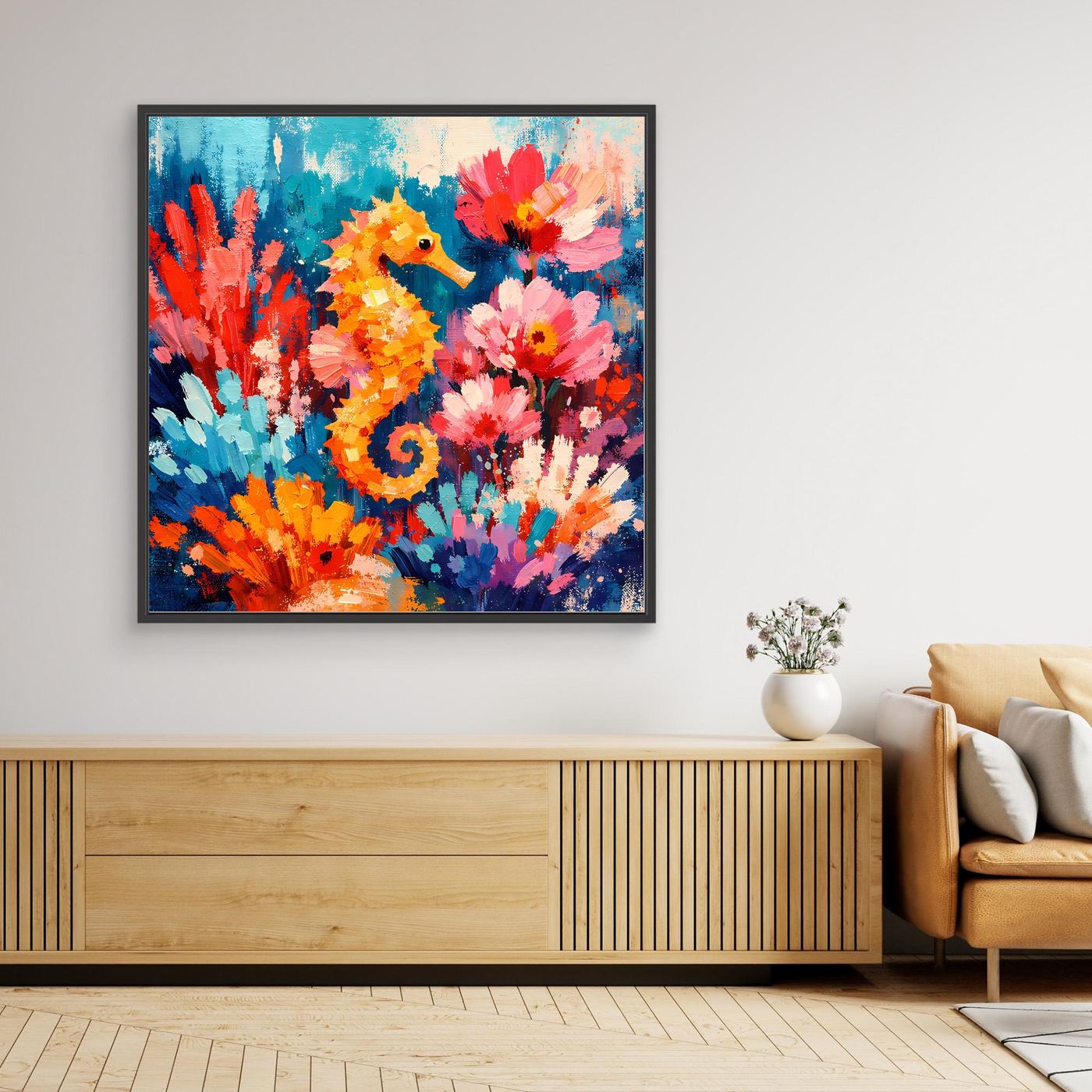 Leinwand Farbenfrohes Seepferdchen im Korallenriff | Abstraktes Unterwasser Wandbild
