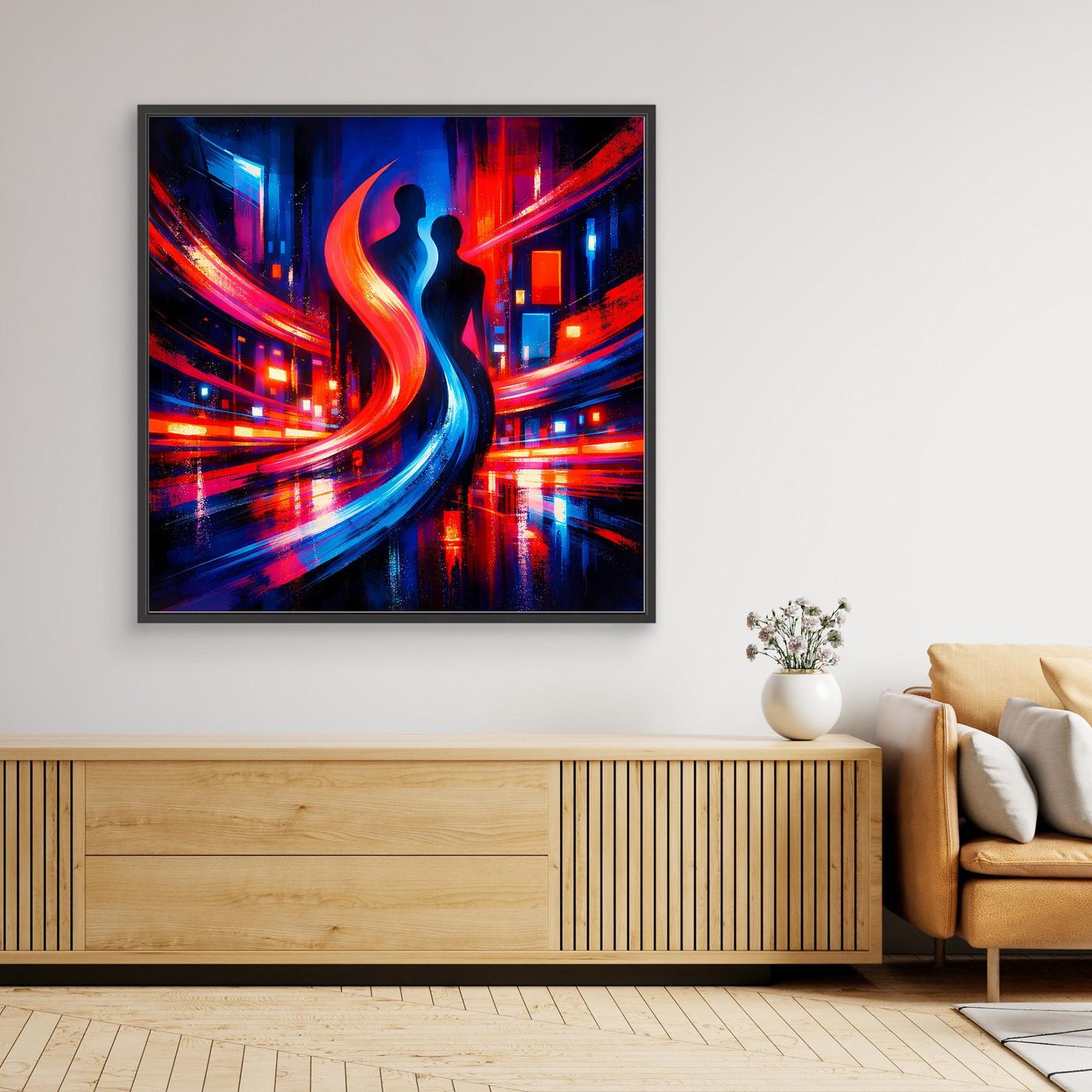 Gerahmtes abstraktes Cyberpunk-Wandbild mit Neonfarben und Silhouette, schwarzer Rahmen